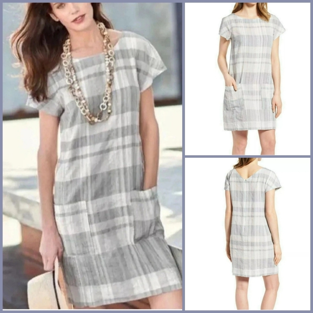 Eileen Fisher Cotton-Linen Blend Boat-Neck Grey & White Striped Shift Dress